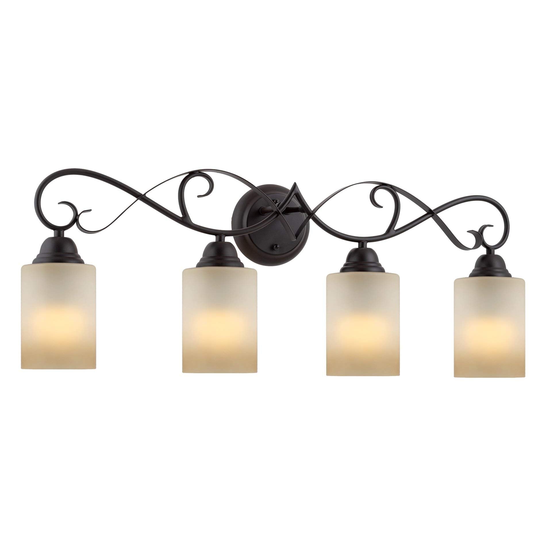 Kira Home Villa 31 Traditional 4-Light Bathroom Vanity Light with Scrollwork Design and Frosted Amber Glass Shades, Oil Rubbed B