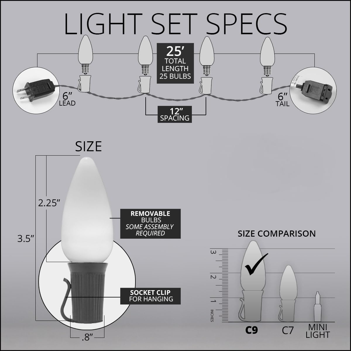 Wintergreen Lighting C9 OptiCore LED Commercial Outdoor Christmas Lights - Heavy Duty Christmas String Lights; Green Wire (25 Li