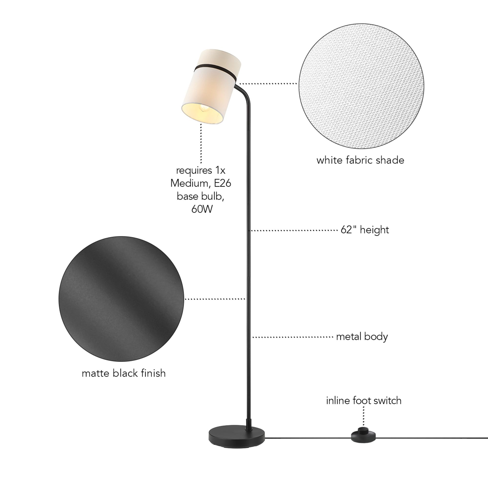 Globe Electric 61000145 62'' Floor Lamp, Matte Black, White Fabric Shade, In-Line Of/Off Foot Switch, 6-Foot Black Cord, Reading