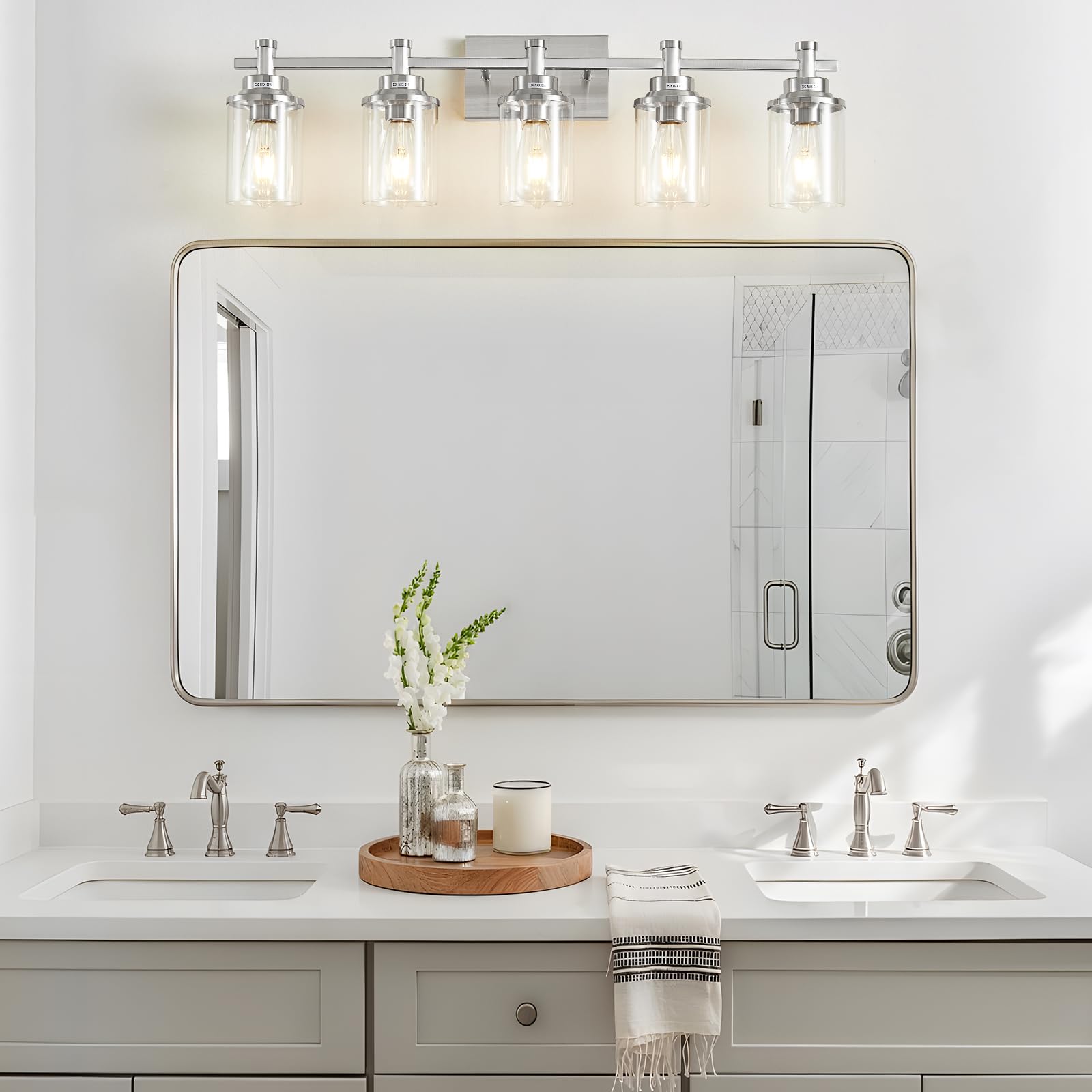 Aixialin 5 Lights Bathroom Light Fixtures, Brushed Nickel Vanity Light With Clear Glass Shade,Modern Wall Sconce For Mirror Bedr