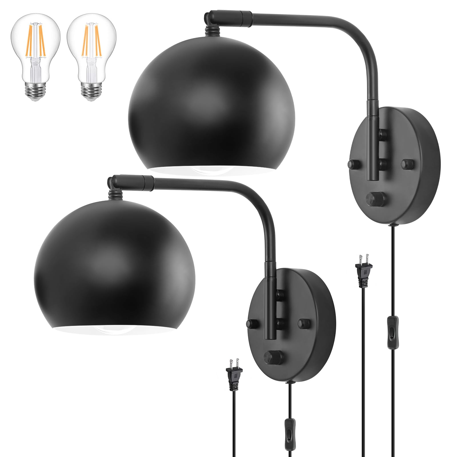 Vatoni Dimmable Wall Sconces Set Of 2, Plug In Wall Sconces Swing Arm Wall Lights With Plug In Cord And Dimmer On/Off Knob Switc
