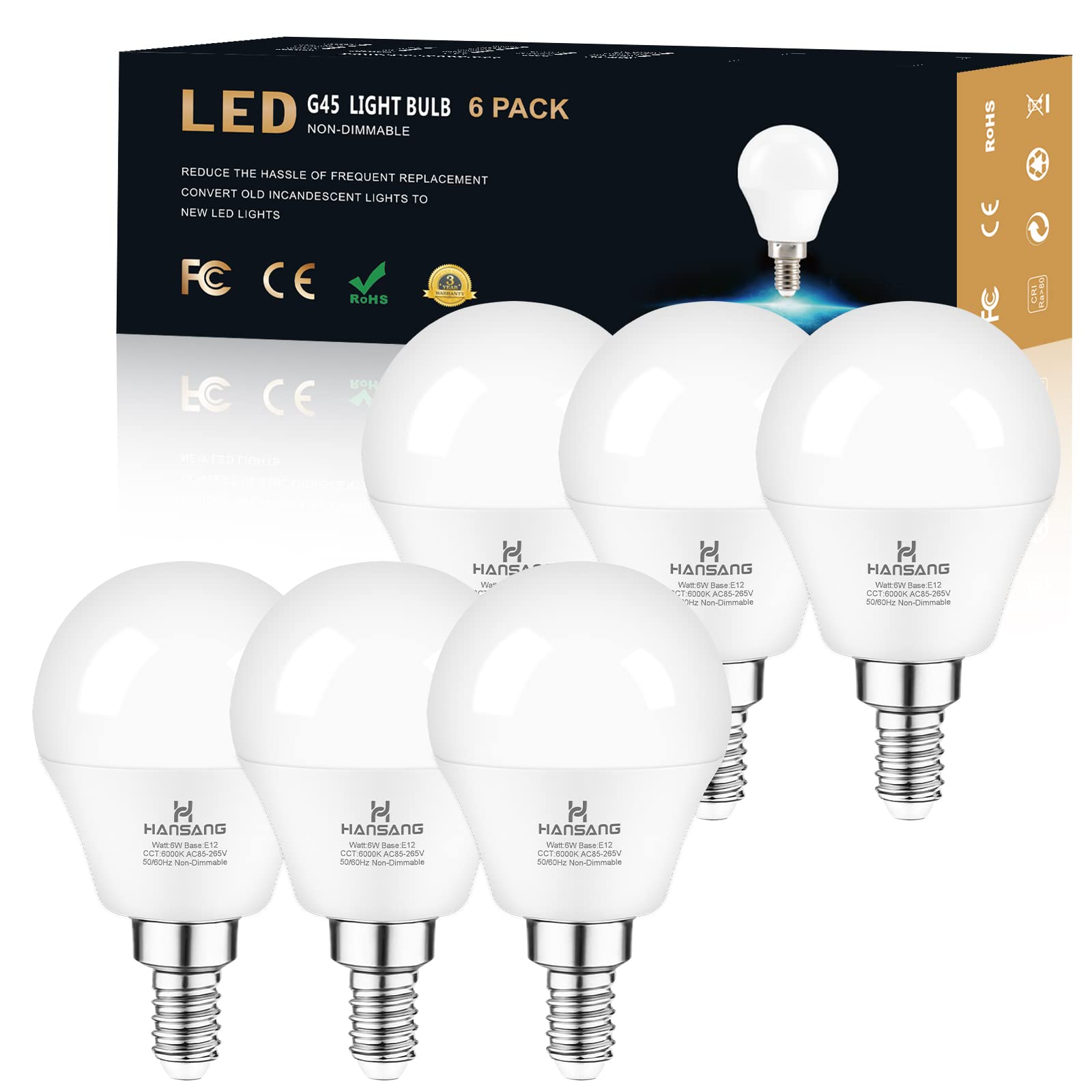 hansang E12 LED Ceiling Fan Light Bulbs 6000K Cool Daylight, 6W 60Watt Equivalent, A15 Small Candelabra Base Chandelier Bulbs, 6