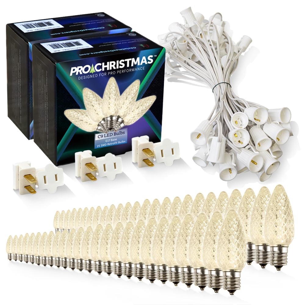Pro Christmas C9 LED Christmas Light Kit for Rooflines & Pathways - DIY Cut to Length  Outdoor Commercial Grade (White Wire w/Vampire Plugs  50 Bulbs  50 ft) Warm White