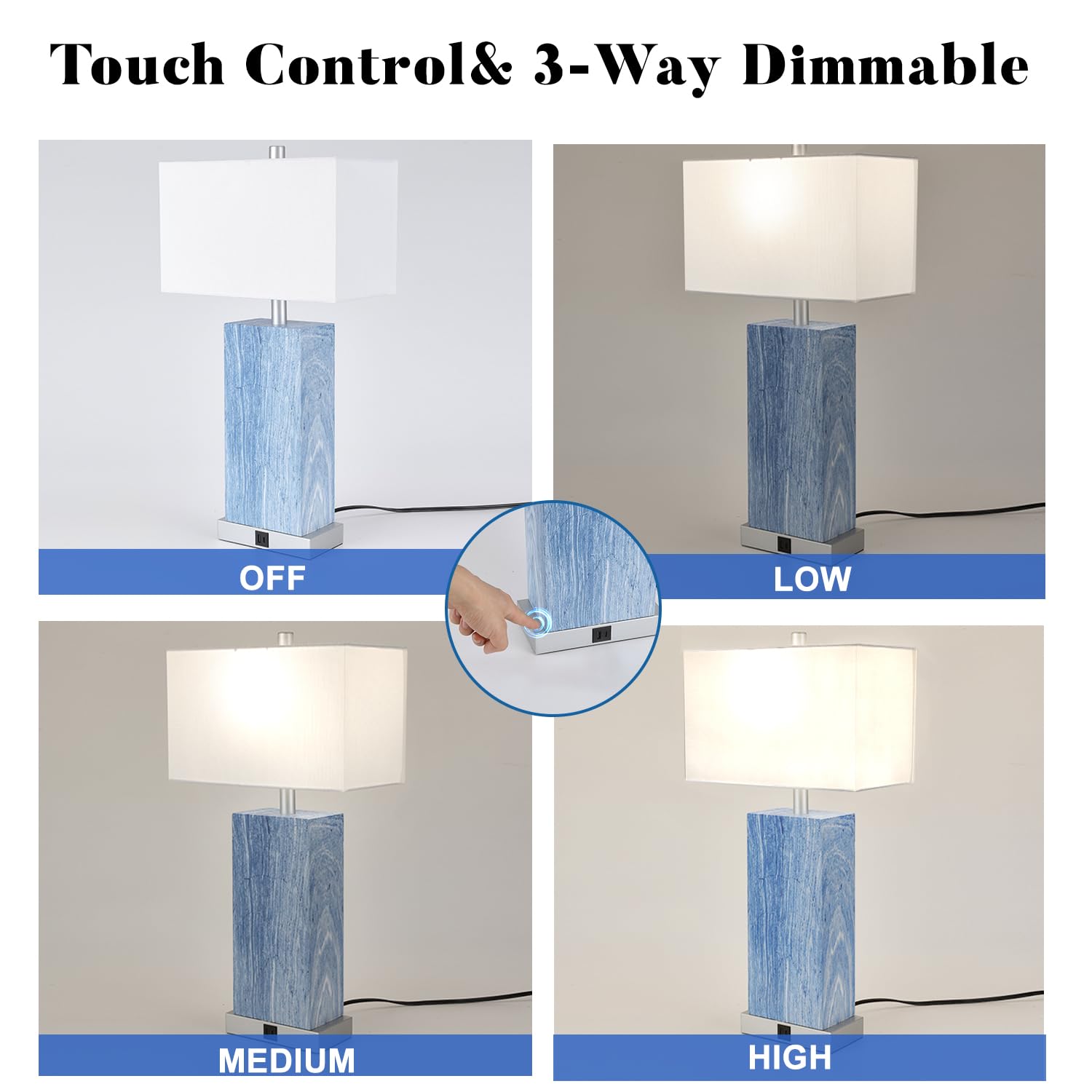 Momyofdy 24&quot; Blue Touch Control Table Lamps Set Of 2 With Usb Ports, Dimmable White Shade