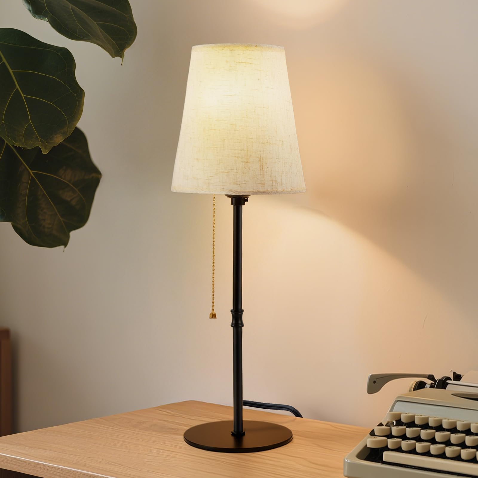 Jriceskiz Vintage Fabric Table Lamp - 18 Linen Shade Desk Lamp, Pull Chain Switch