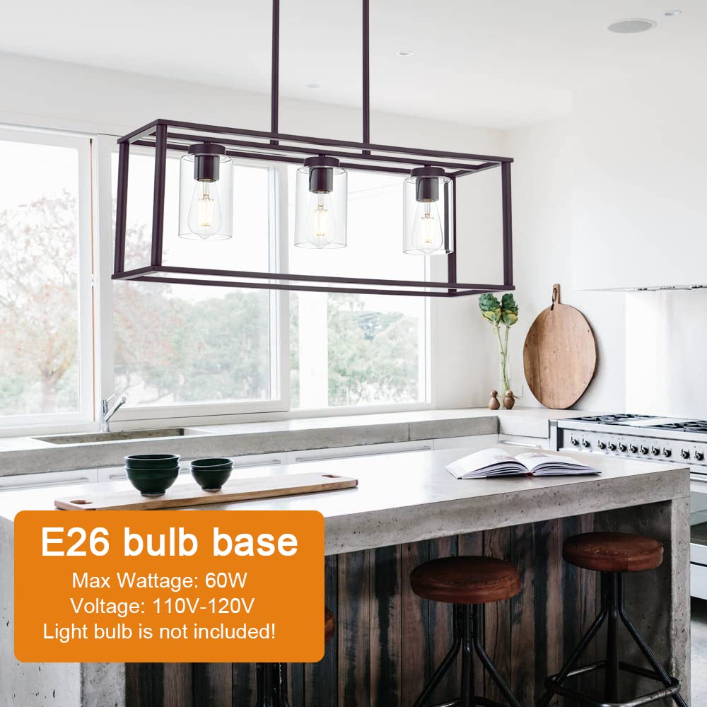 VINLUZ 3-Light Pendant Chandelier, Metal, Oil-Rubbed Bronze, Modern Design, Clear Glass Shades, Model 1811-3-19