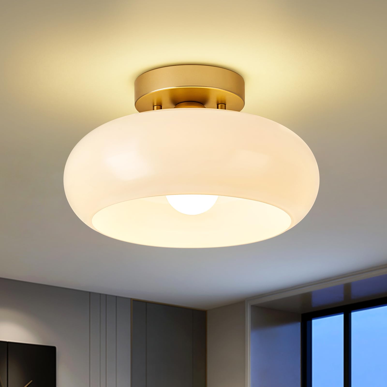 Mid-Century Modern Gold Semi Flush Mount Ceiling Light,White Glass Dome Hallway Lighting Fixtures, Metal Close To Ceiling Lamp F
