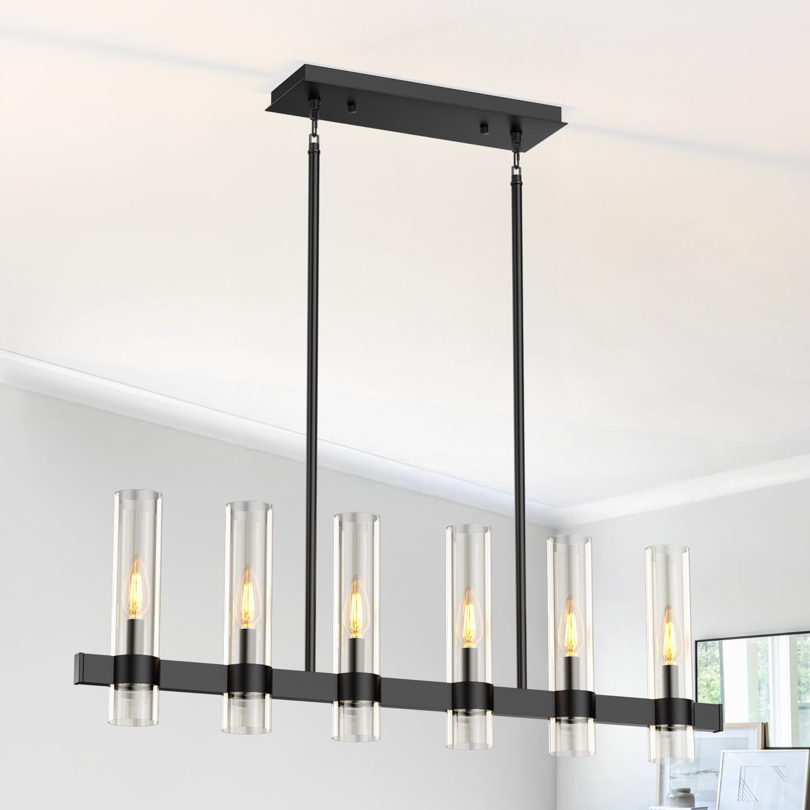 OTeedo Island Lights for Kitchen,6-Light Modern Farmhouse Chandeliers for Dining Room,Large Linear Pendant Light Fixtures,Adjust