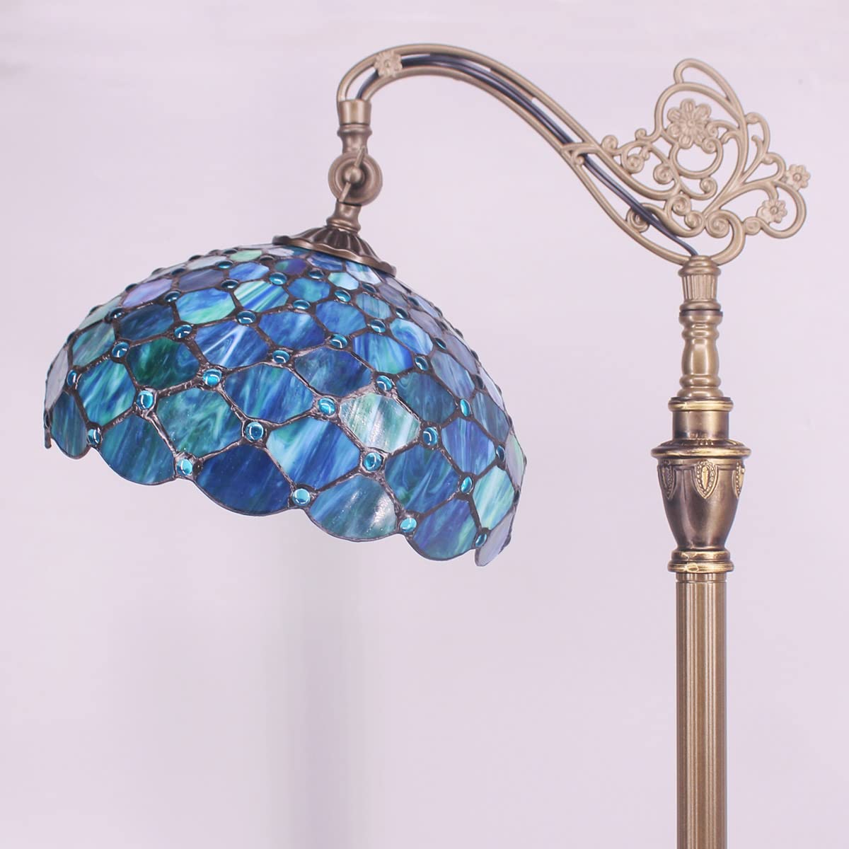 ZJART Tiffany Floor Lamp - Adjustable Arched Gooseneck, Metal, Sea Blue Pearl, 18.88x12x67 Inches, Antique Reading Light