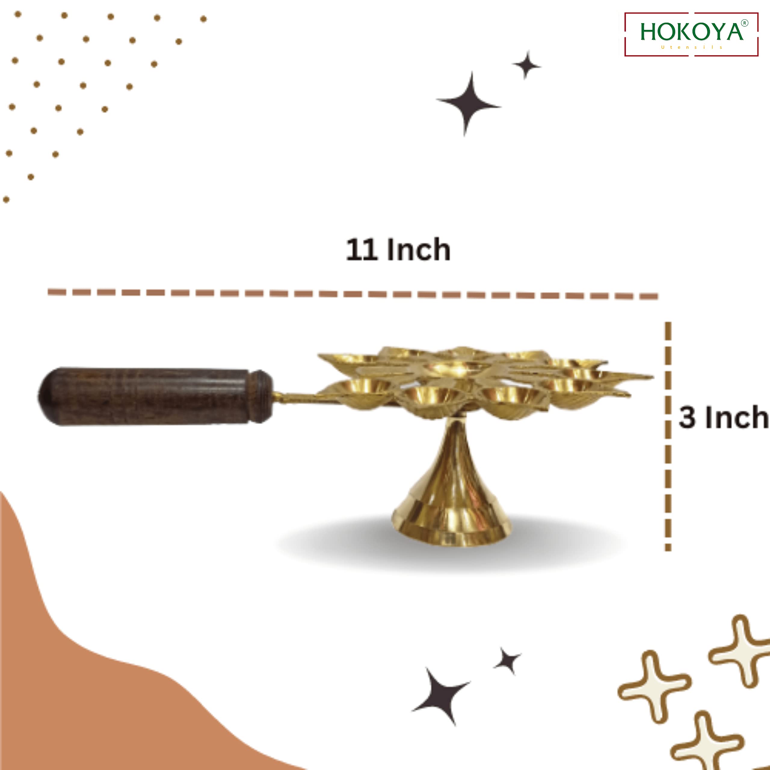 HOKOYA Brass Aarti Diya with Handle Wooden 10 Bati