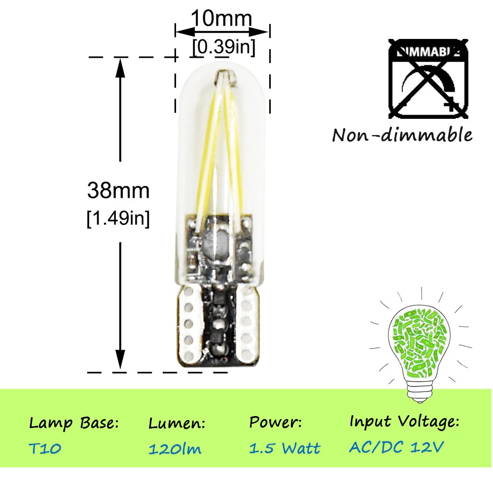 Bonlux T10 Wedge Base Led Bulb 12V Low Voltage T10 194 Wedge Base Landscape Bulb 1.5W Warm White 12V Ac/Dc Led Replacement Bulbs