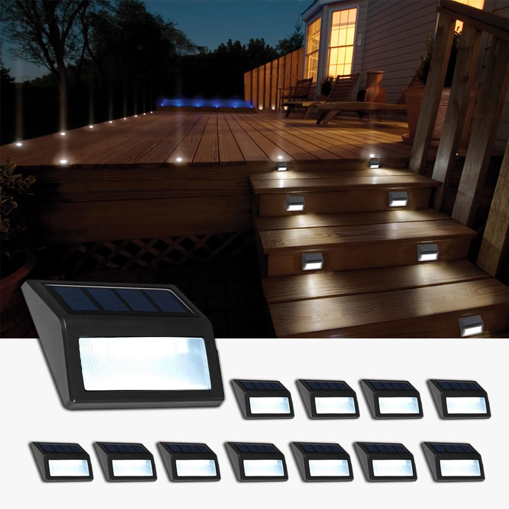 Follateas Solar Lights Outdoor  Waterproof Solar Powered Deck Step Lights For Patio Garden Backyard Garage Driveway Pathway Outside Wall Lighting (Cool White/12 Pack)