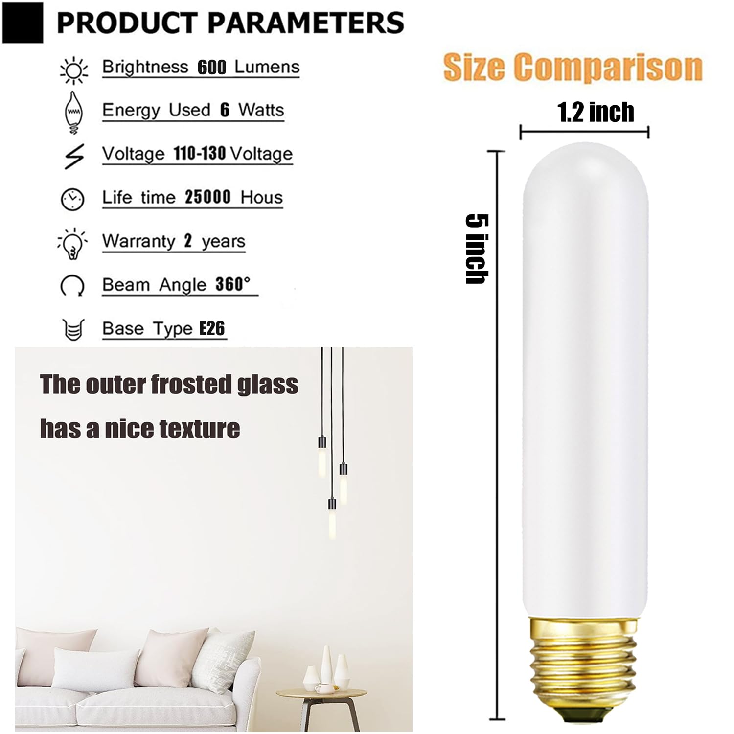 Leools TE26 LED Light Bulb, Dimmable 6W E26 Base, 4000K Neutral White, Matt Opal, 5.1inch Tubular, 600LM