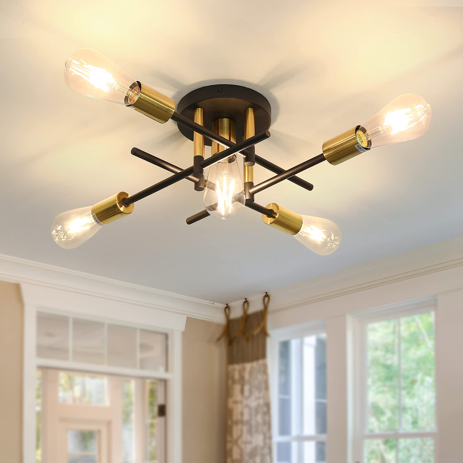 Uofus 5-Light Semi Flush Mount Ceiling Light, Modern Matte Black & Gold Chandelier For Home