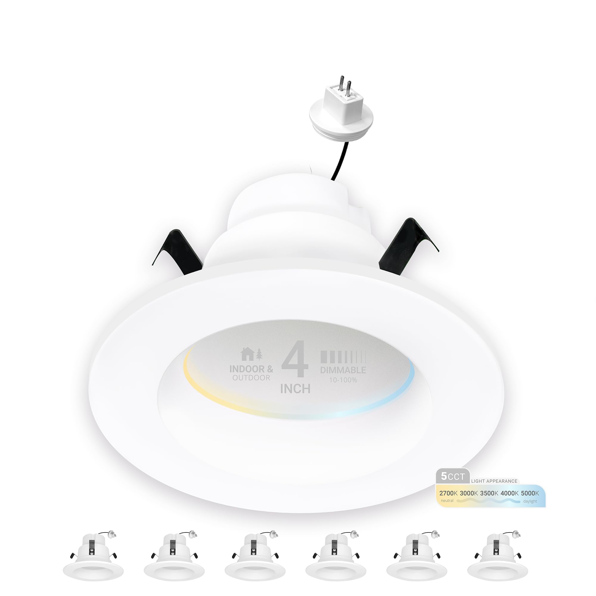 NUWATT 6 Pack 4 Inch MR16 Retrofit LED Recessed Lighting, 5CCT Selectable 2700K/3000K/3500K/4000K/5000K, 10W 600LM, Dimmable Low