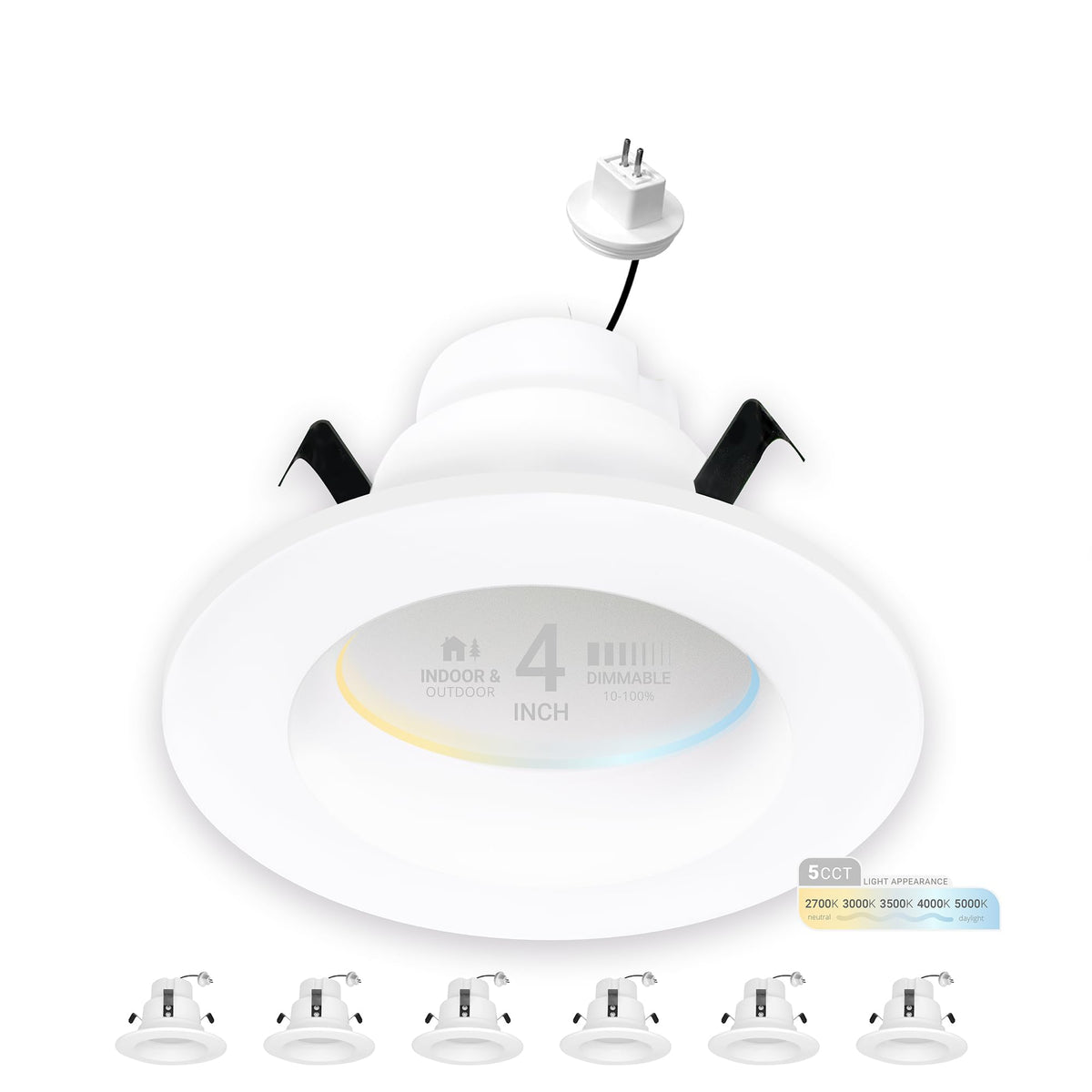 NUWATT 6 Pack 4 Inch MR16 Retrofit LED Recessed Lighting, 5CCT Selectable 2700K/3000K/3500K/4000K/5000K, 10W 600LM, Dimmable Low
