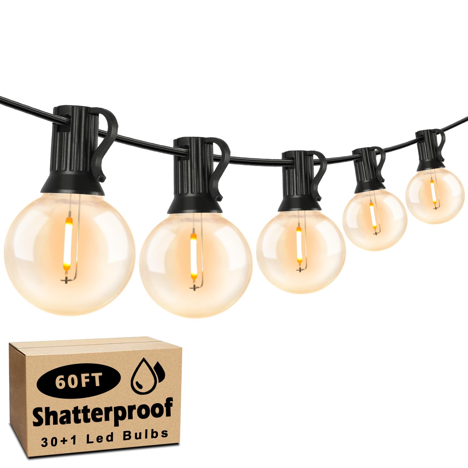 60FT Outdoor String Lights Waterproof, Bright 2700K LED Patio Lights String with 30+1 G40 Shatterproof Globe Bulbs, Connectable 