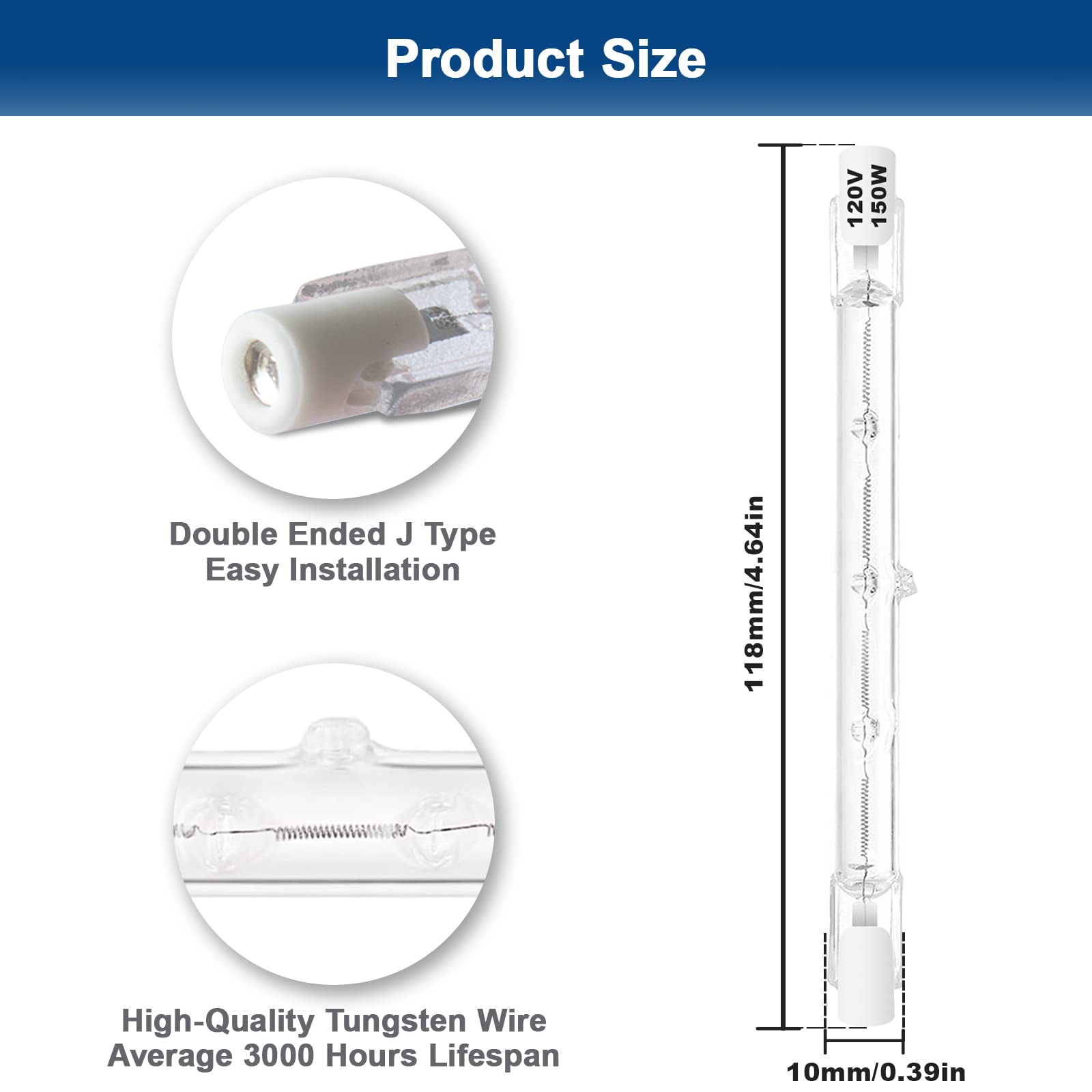 R7S Halogen Bulbs 150W Dimmable 120V 118Mm T3 J Type Floodlight Bulb With Long Lifespan, 2700K Warm White Linear Double Ended Li