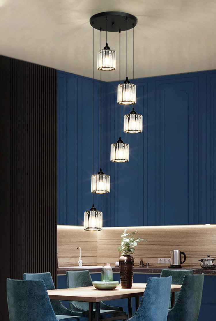 Meimond Modern Crystal Pendant Light - 6 Lights Metal Chandelier, Black, for High Ceilings, Foyer, Living Room, Model LTD-10