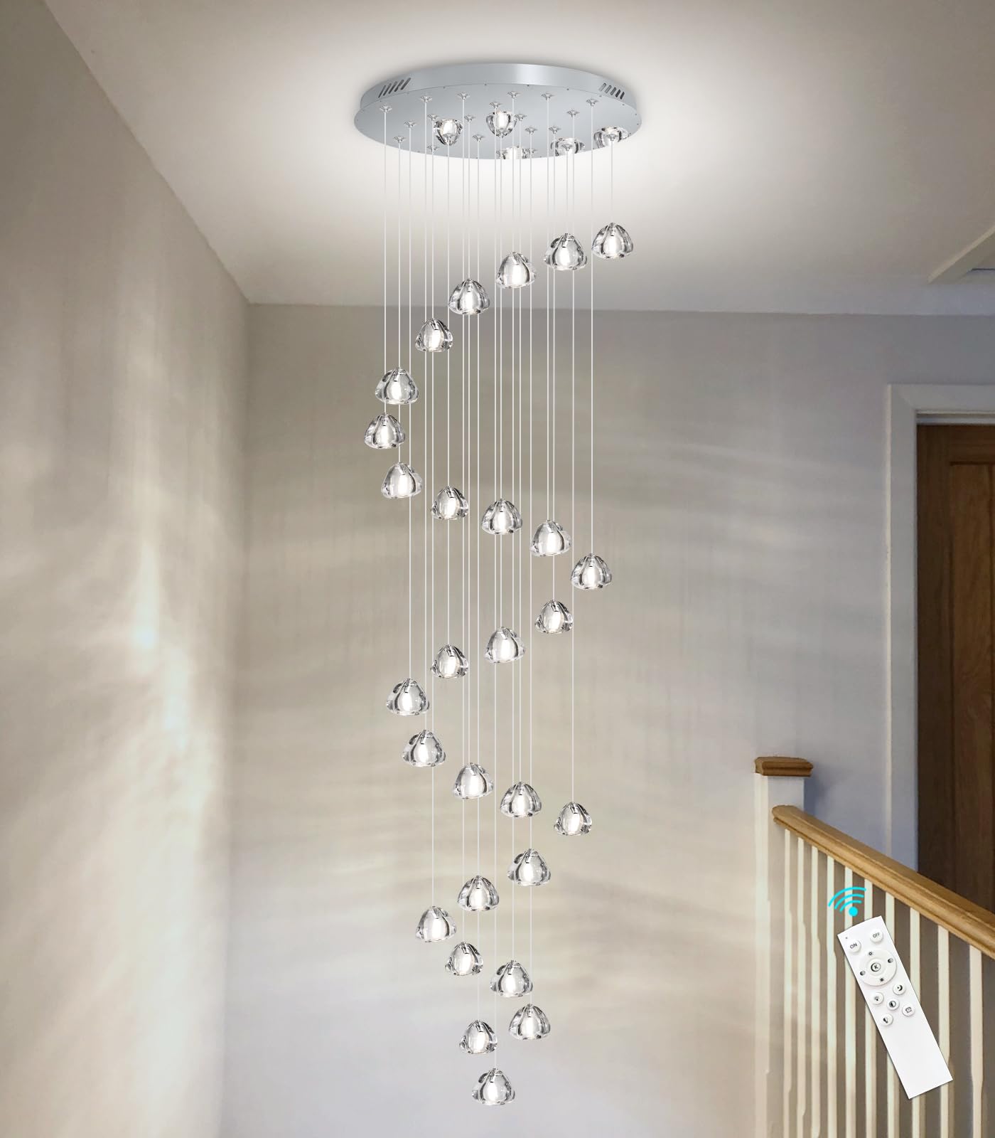 HAIXIANG 13ft LED Chandelier - Dimmable Pendant Lighting for High Ceilings, Mirror Chrome, 28 Lights, Model MMQ9025