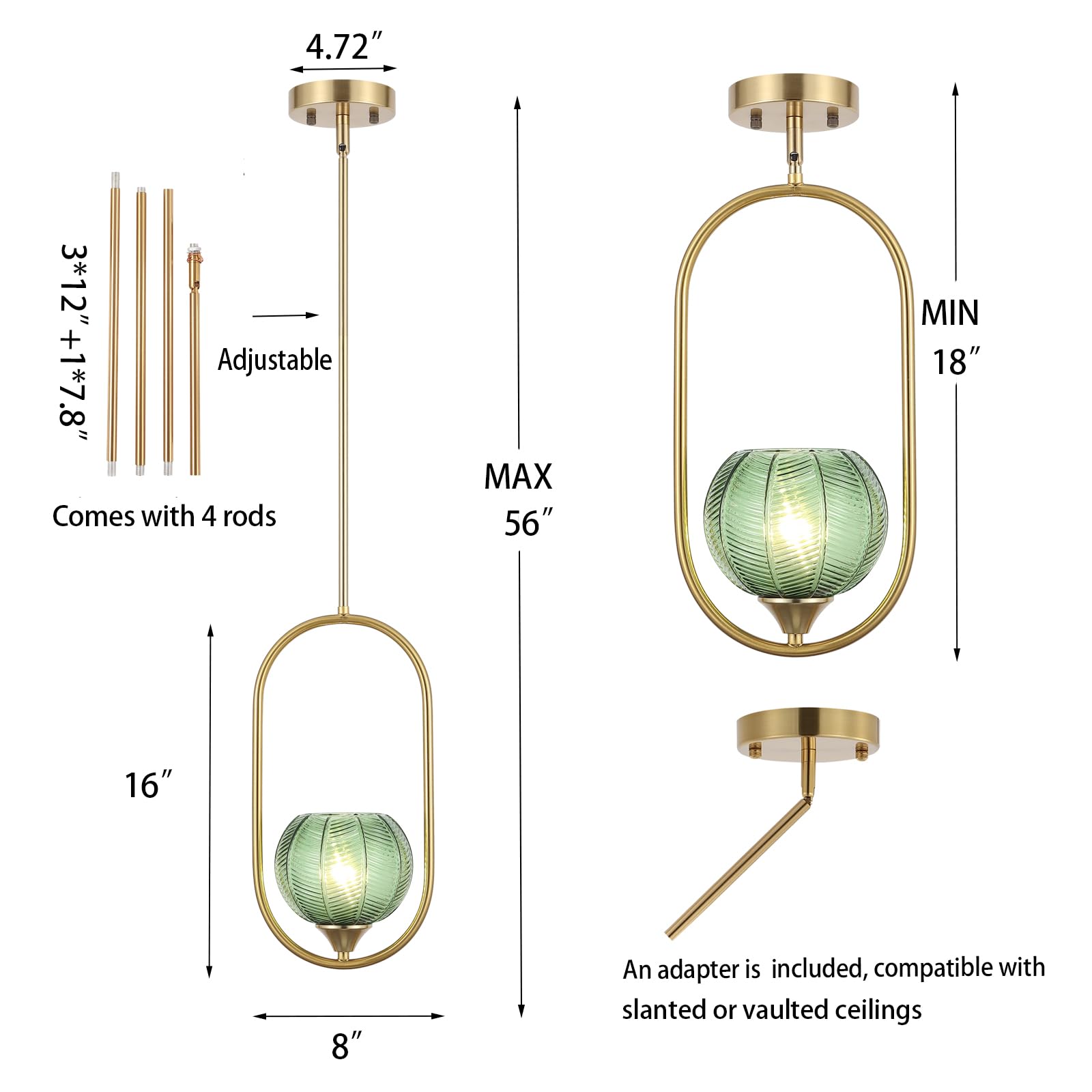 Byoliima Modern Gold Globe Pendant Light With Green Globe Glass Lampshade Mid Century Chandelier 1-Light Brushed Brass Frame Ceiling Hanging Lighting Fixture For Kitchen Island Dining Room Bedroom