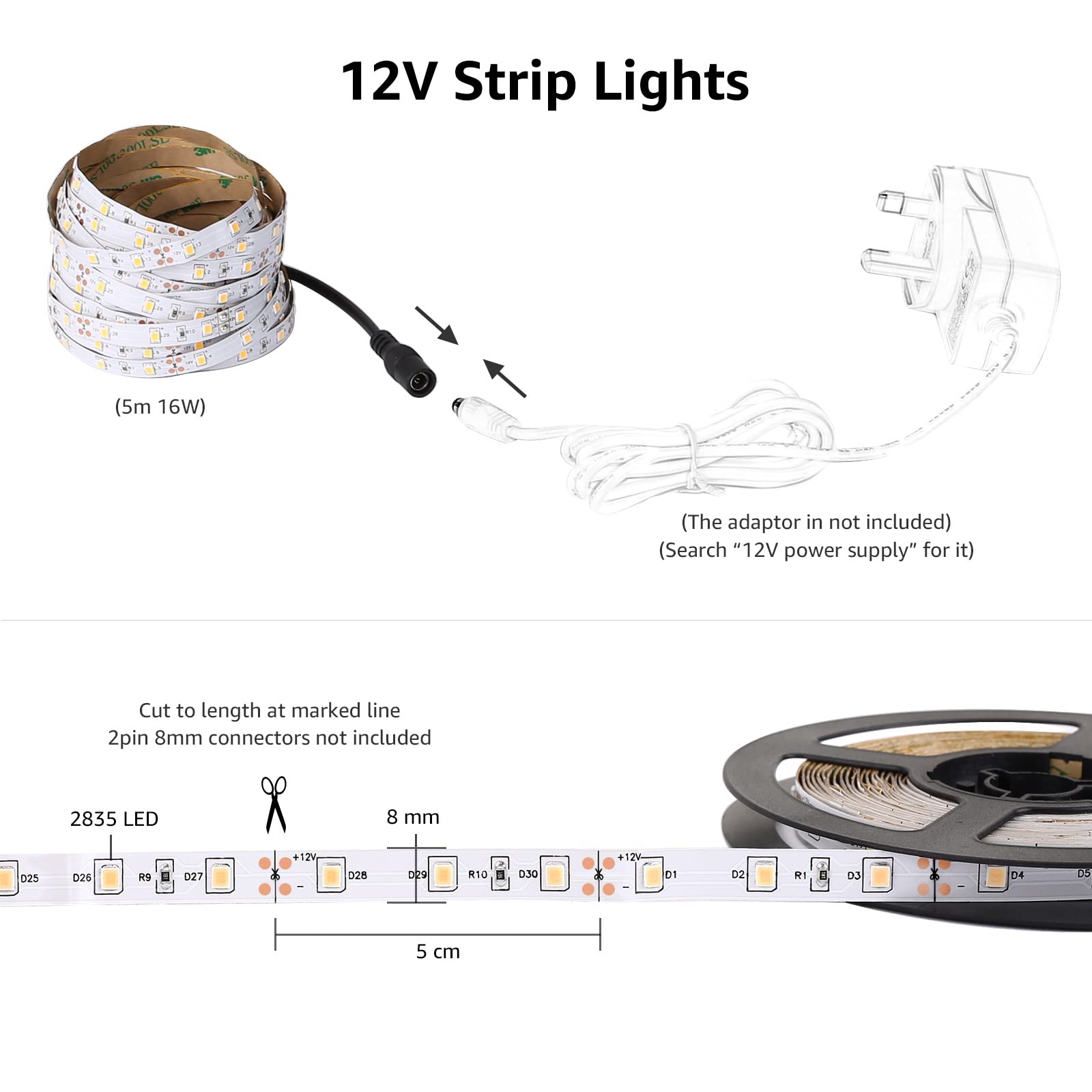 Lepro LED Strip Light 12V, 300 LEDs, 32.8ft, Daylight White, Flexible, Non-Waterproof, Model PR4100057-DW-2, Pack