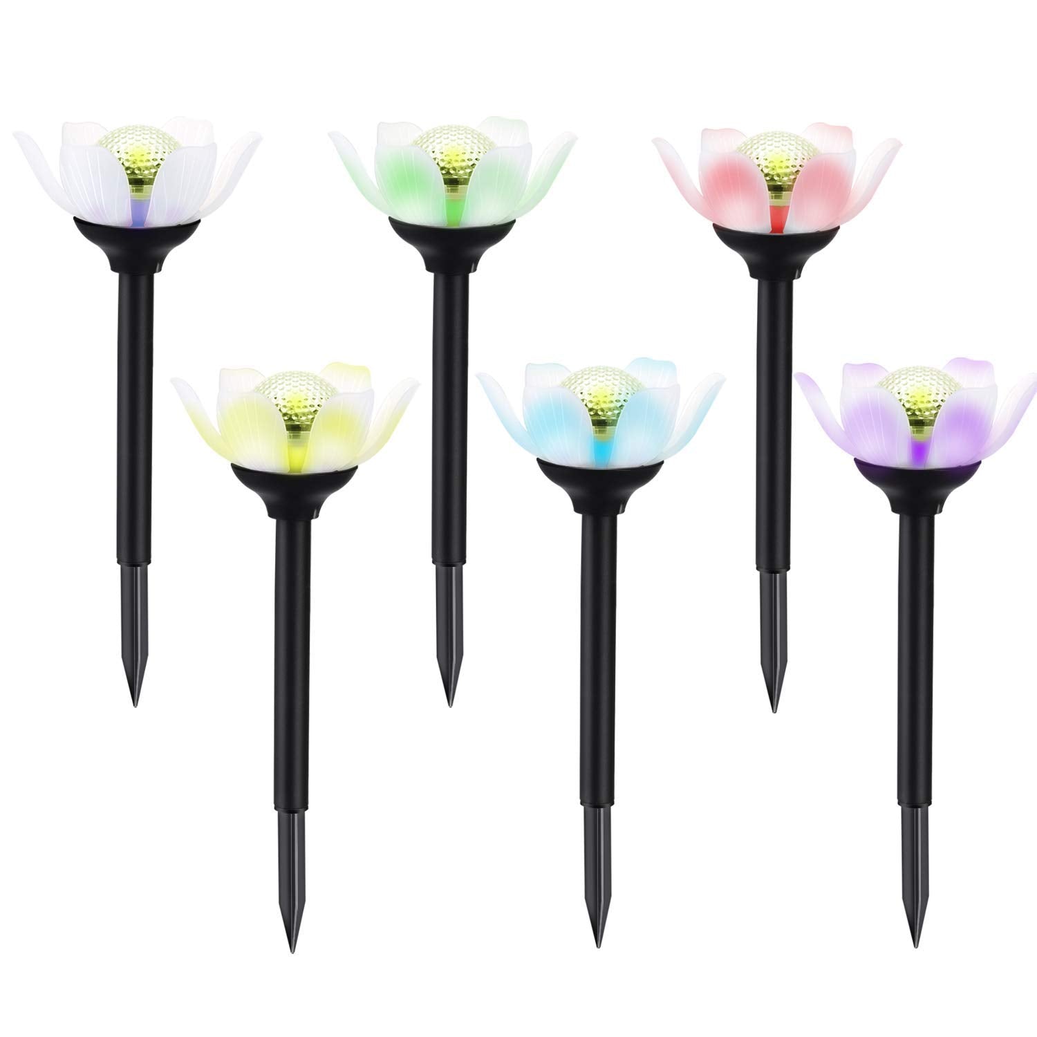 Kinna Solar Lotus Lights - 6 Pack Decorative LED Outdoor Garden Stake Lights - Warm White & Multi-Color - for Lawn & Patio