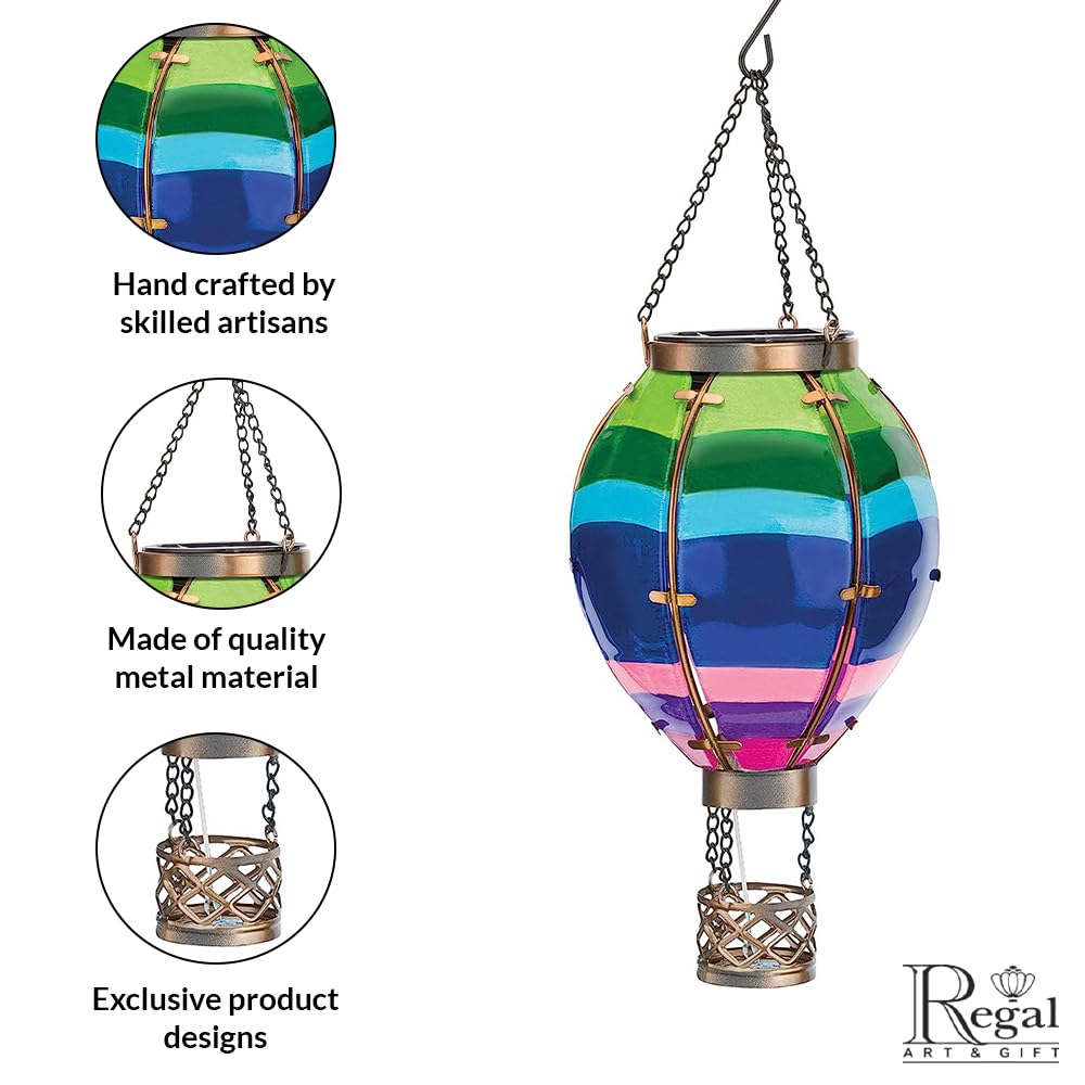 Regal Art & Gift Hot Air Balloon Solar Lantern, Small, Stripe, Metal & Glass, Waterproof LED Outdoor Lamp