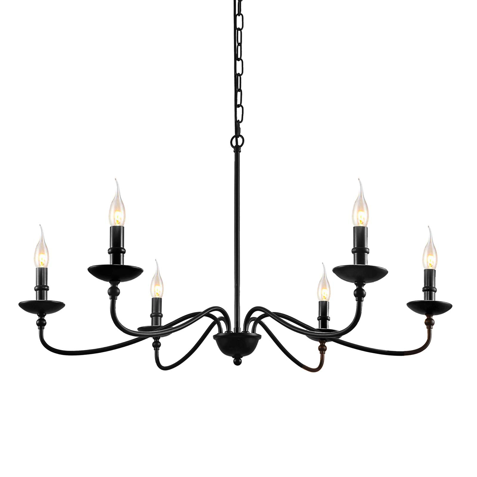 SEOL 6-Light Candelabra Chandelier, 36in Dia, Matt Black, Model SLP1902BK, Farmhouse Ceiling Pendant Light Fixture