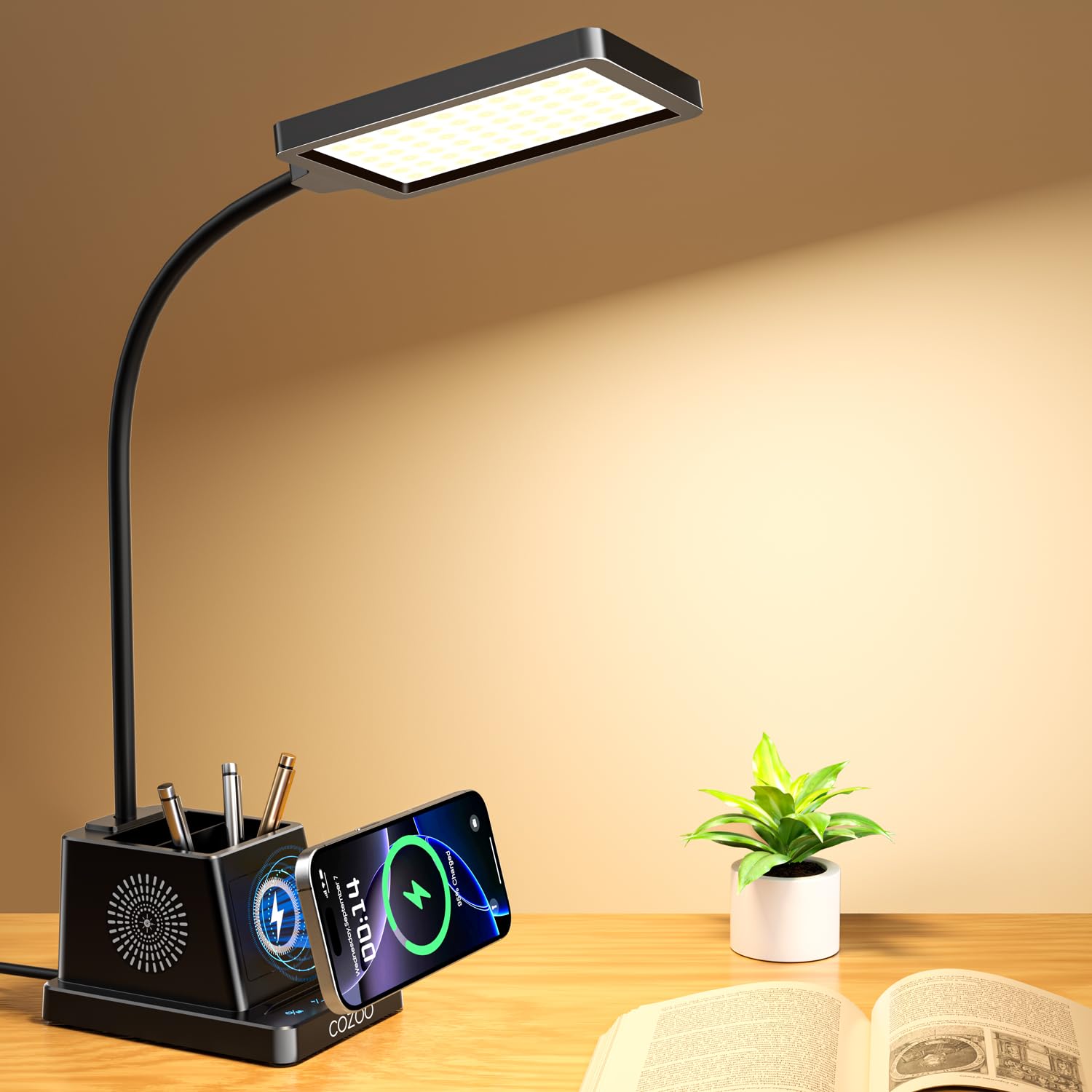 cozoo LED Desk Lamp for Home Office  15W Bright Desk Light with Wireless Charger Pen Holder  Gooseneck Small Table Lamp for Bedroom  Study  Reading  Work  Task  Craft  College Dorm Room Accessories