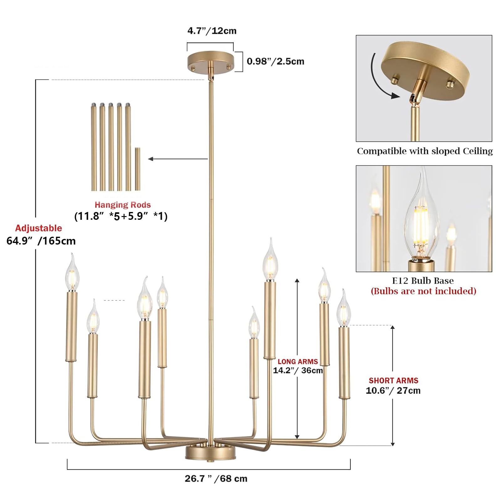 Woknos Modern Gold Farmhouse Chandeliers, 8-Light Industrial Metal Chandelier Lighting, Classic Candle Hanging Pendant Light Fix