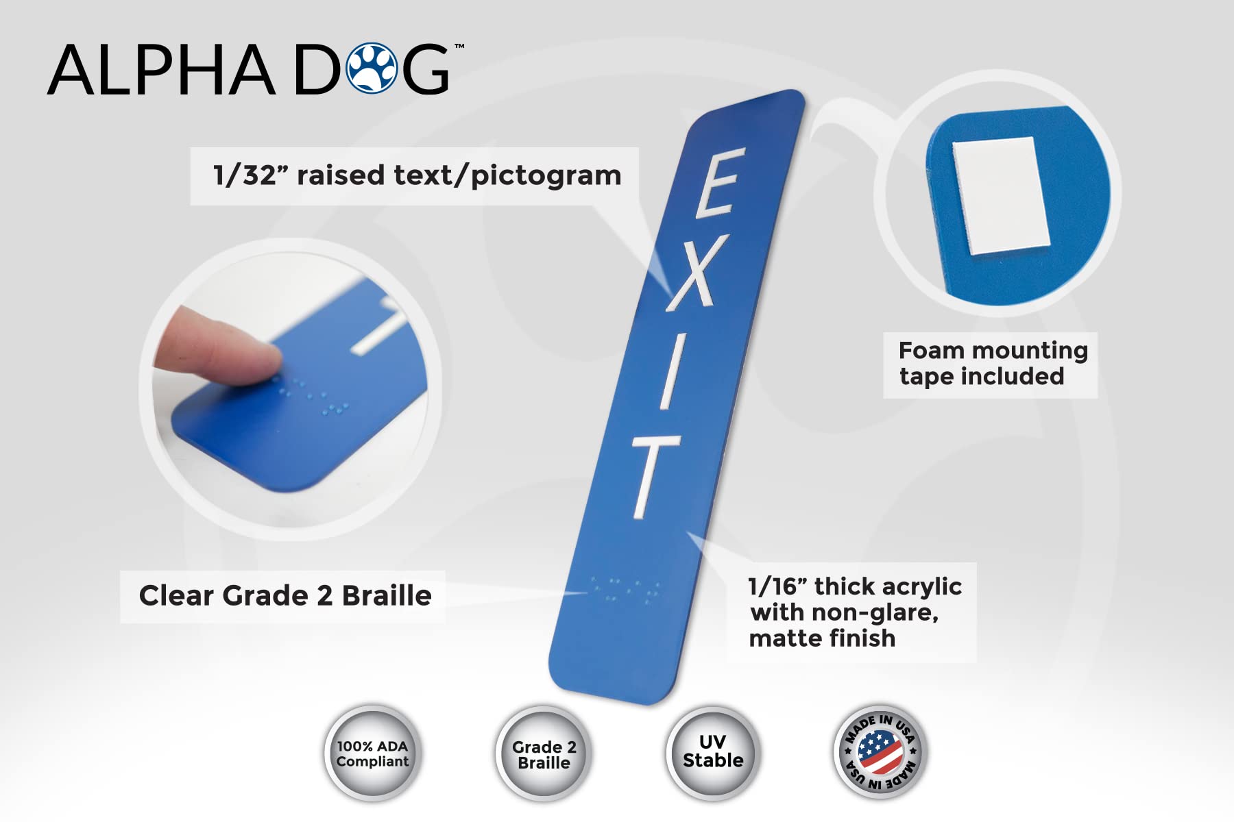 Alpha Dog Ada Signs Vertical Braille Exit Sign 8X2 Inch Ada Compliant Indoor Outdoor Business Easy Install Usa Made (Blue)
