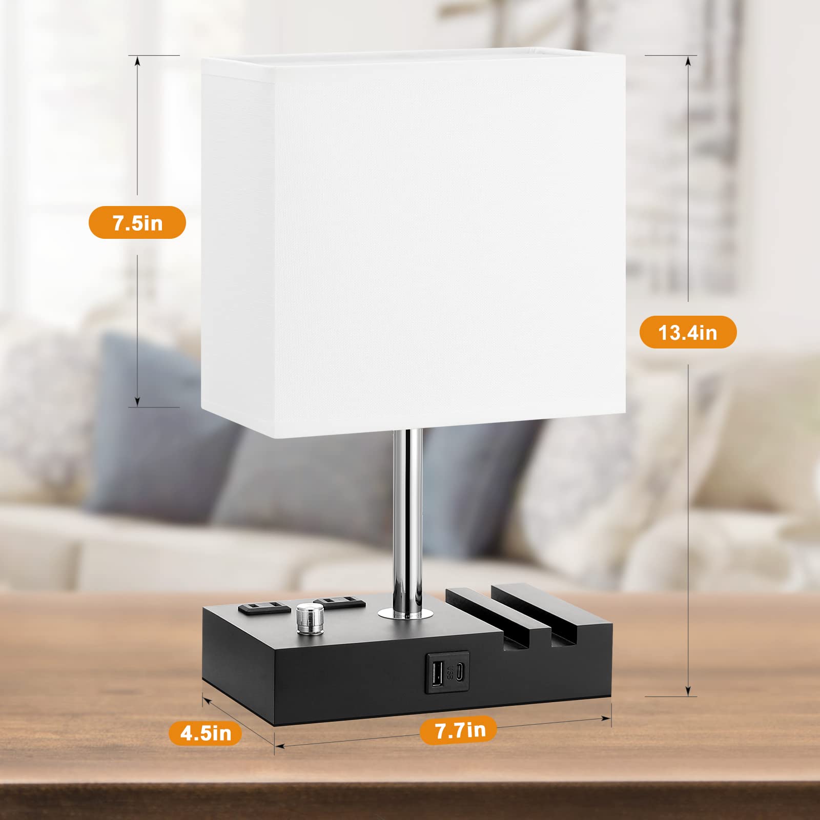 Kakanuo Bedside Lamps Set of 2, Fully Dimmable White USB Table Lamps with Charging Ports and Phone Stand, Wooden Design, Bulb Included