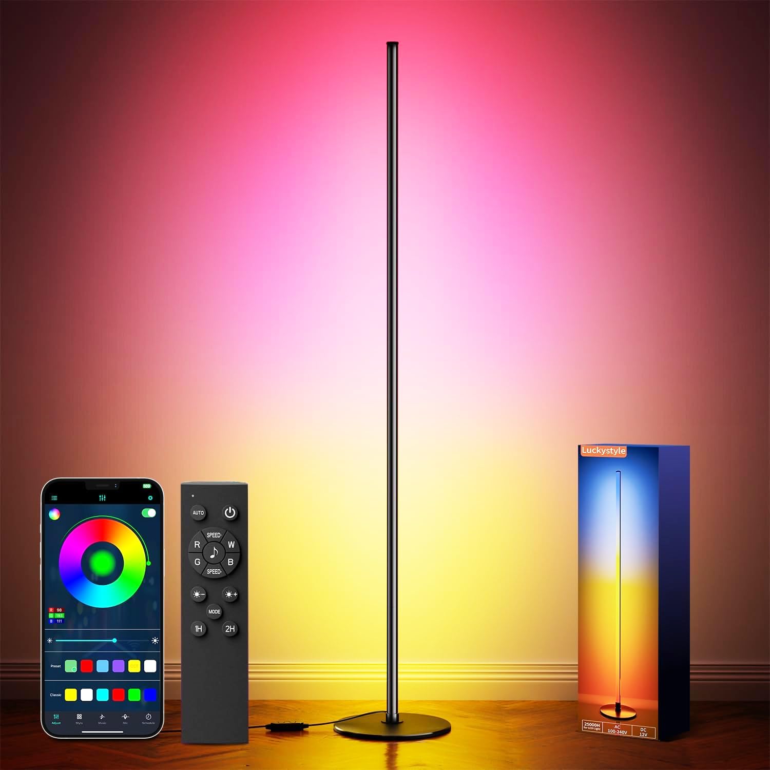 Luckystyle Smart Rgb Corner Floor Lamp Bright Led Tall Modern Floor Lamp With App And Remote Ambient Lighting Color Changing Standing Lamps With Music Mode And Timing For Living Room Bedroom Party