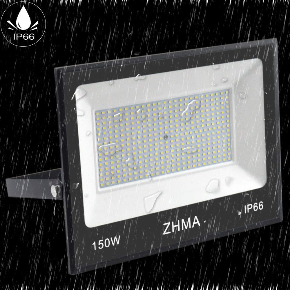 ZHMA 150W LED Flood Lights Outdoor, 12000LM, IP66 Waterproof, 6500K Daylight White, Black, 2 Pack