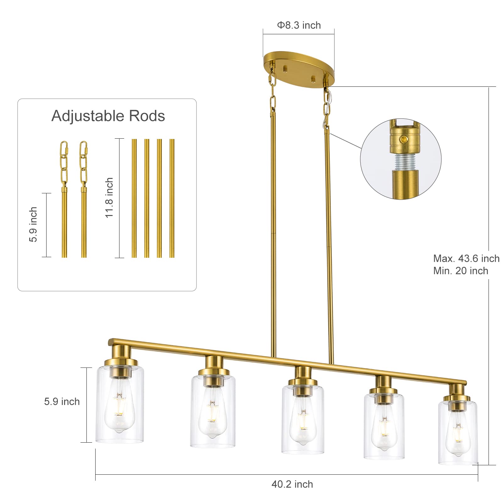 Kpiok Kitchen Island Lighting, 5-Light Modern Dining Room Light Fixtures Over Table,Farmhouse Gold Linear Chandeliers For Dining Room, Industrial Pendant Lights Fixture With Clear Glass Shade