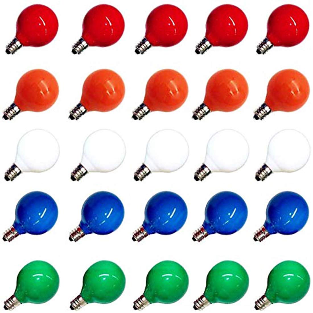 Abeja 25 Pack G40 Multicolor Ceramic Bulbs  G40 Globe Christmas Replacement Bulbs for Outdoor Patio String Lights  Vintage Round Christmas Light Bulbs  E12/C7 Candelabra Base  5 Watt