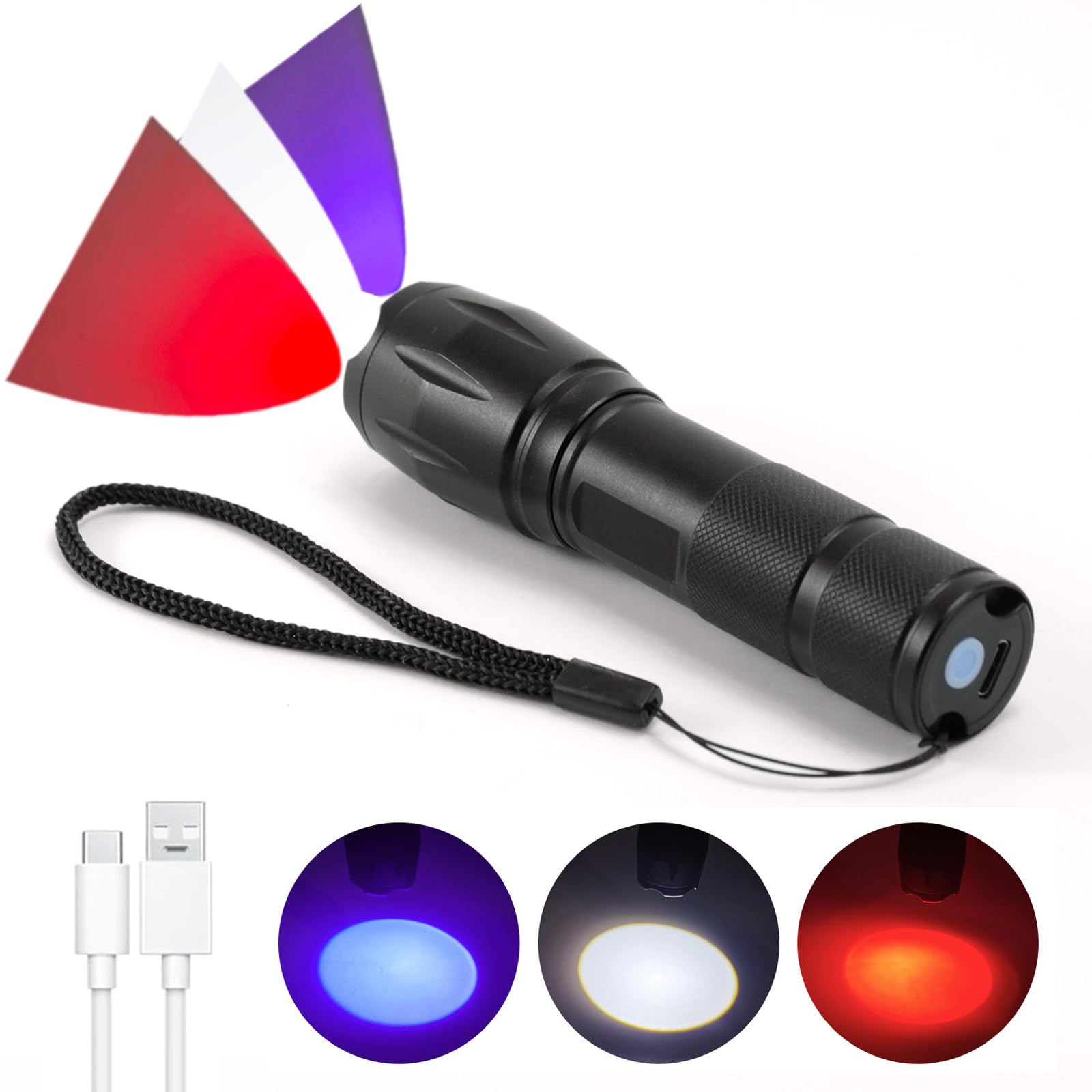 3 in 1 LED Rechargeable Flashlight, LED Small Flashlight with Memory Function, Super Bright Zoomable Red Lens Light 395 NM Black