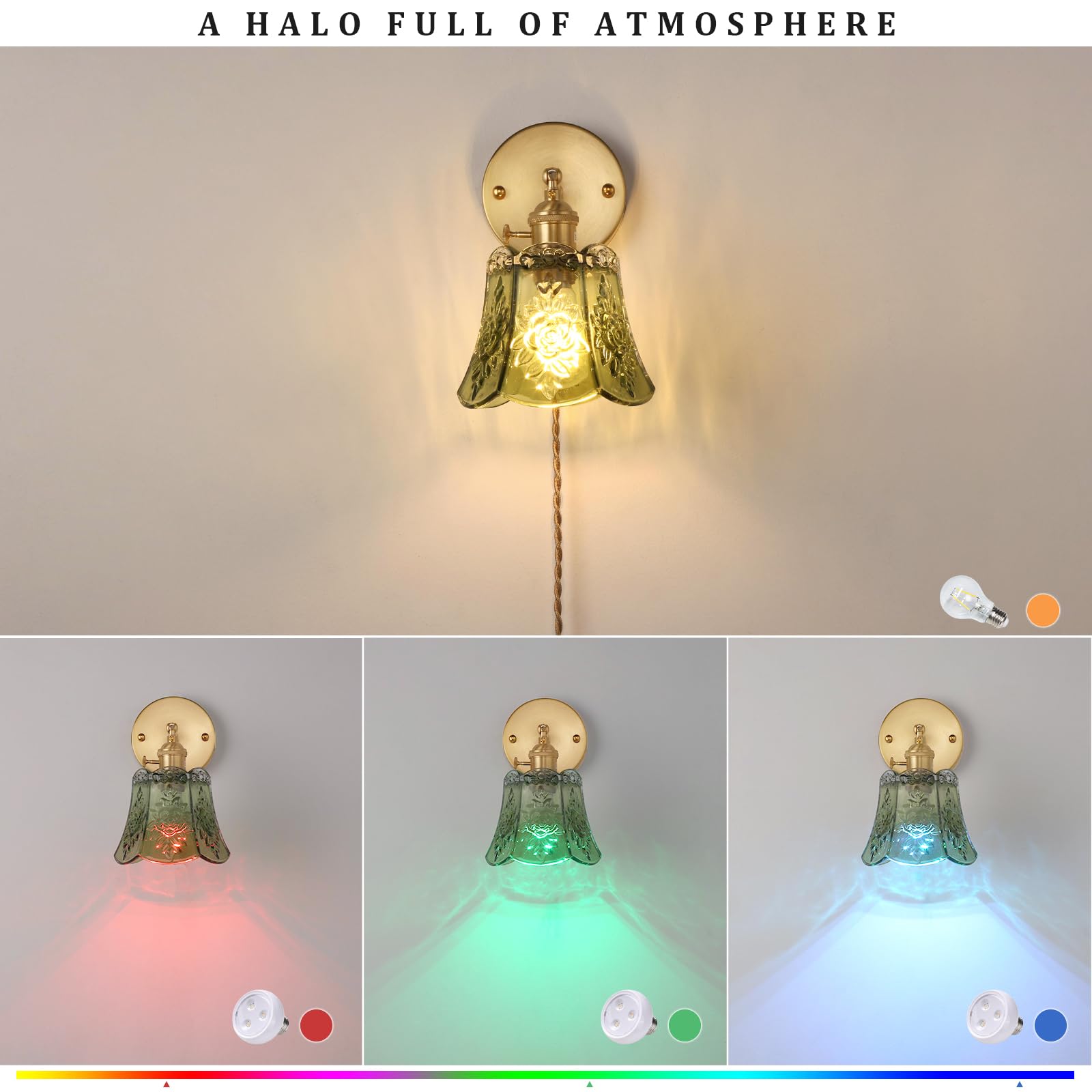 Shenmoyl Vintage Battery Operated Wall Sconce, RGB Dimmable LED, Wireless Rose Green Design for Bedroom & Bathroom, Model 1-94909-sconc
