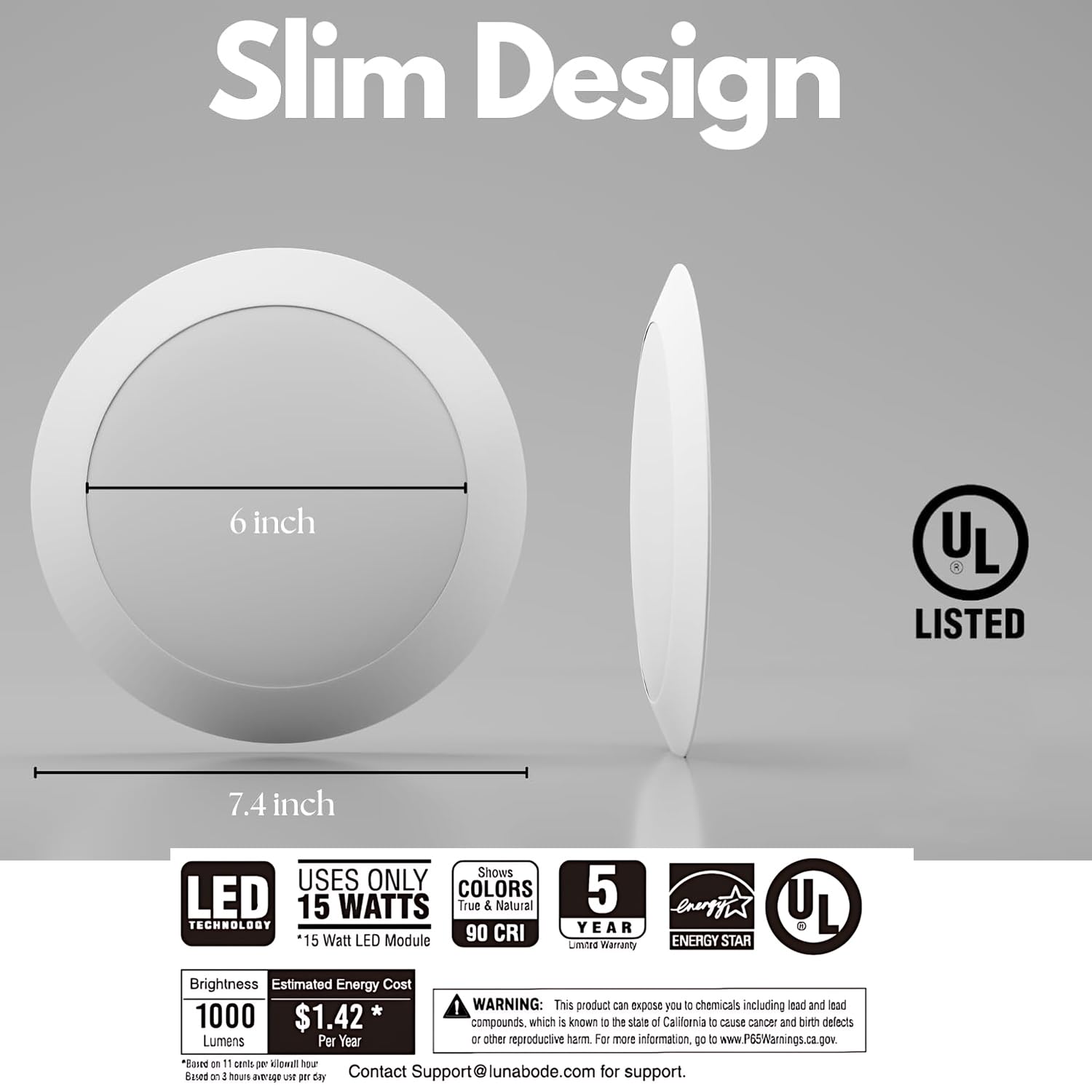 Lunabode LED 7.5 Inch Dimmable Disc Light - 6 Pack Flush Mount Ceiling Fixtures, 5 CCT Options, ETL & UL Certified, White