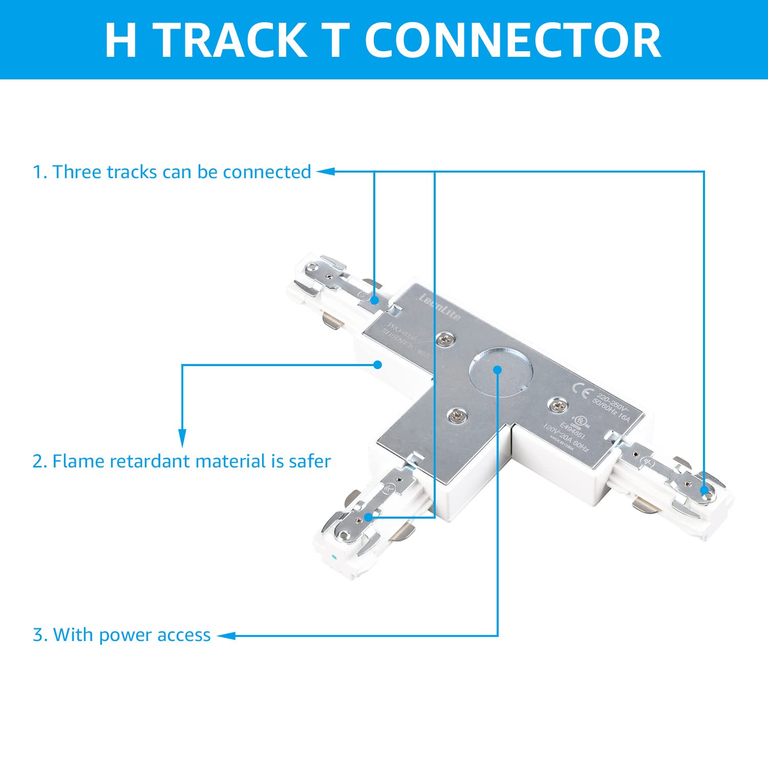 LEONLITE H Track T Connector, Single Circuit 3-Wire, UL Listed, Polycarbonate, White, Model 88890