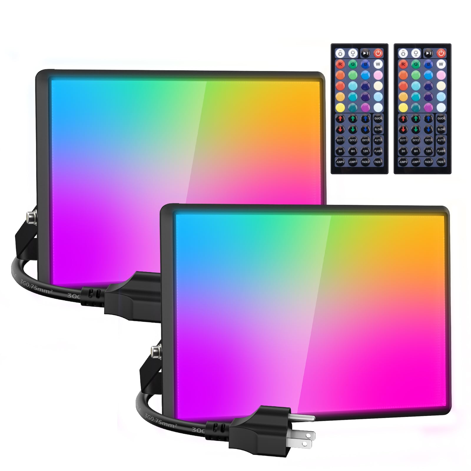 Olafus 120W RGB Flood Lights, Remote Control, IP66 Waterproof, 2700K Warm White, Black, Model LAA120GB, 2 Packs