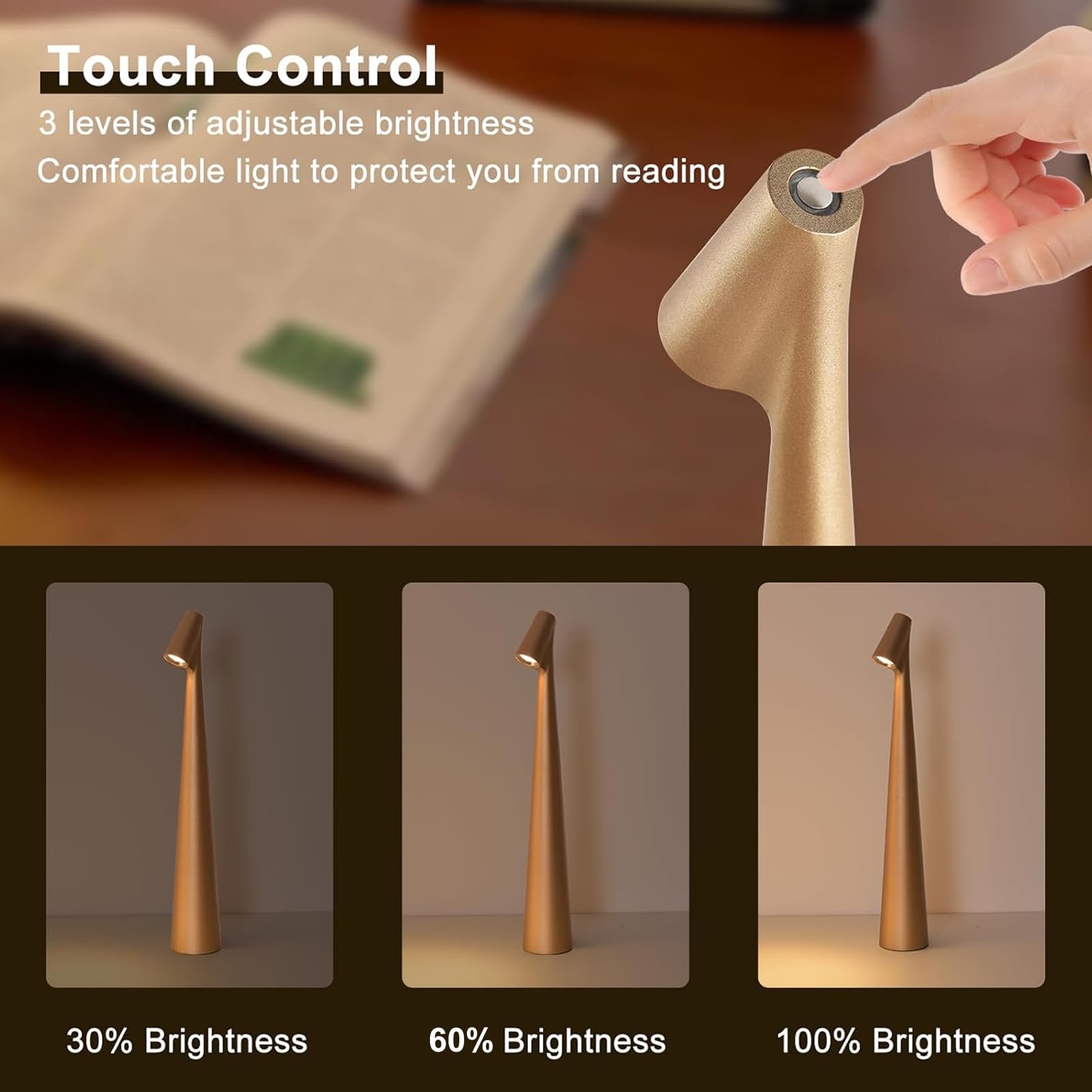 Hebangya Cordless Small Table Lamps,3 Levels Brightness Portable Desk Lamp,Rechargeable Battery Lights For Outdoor, Restaurant,