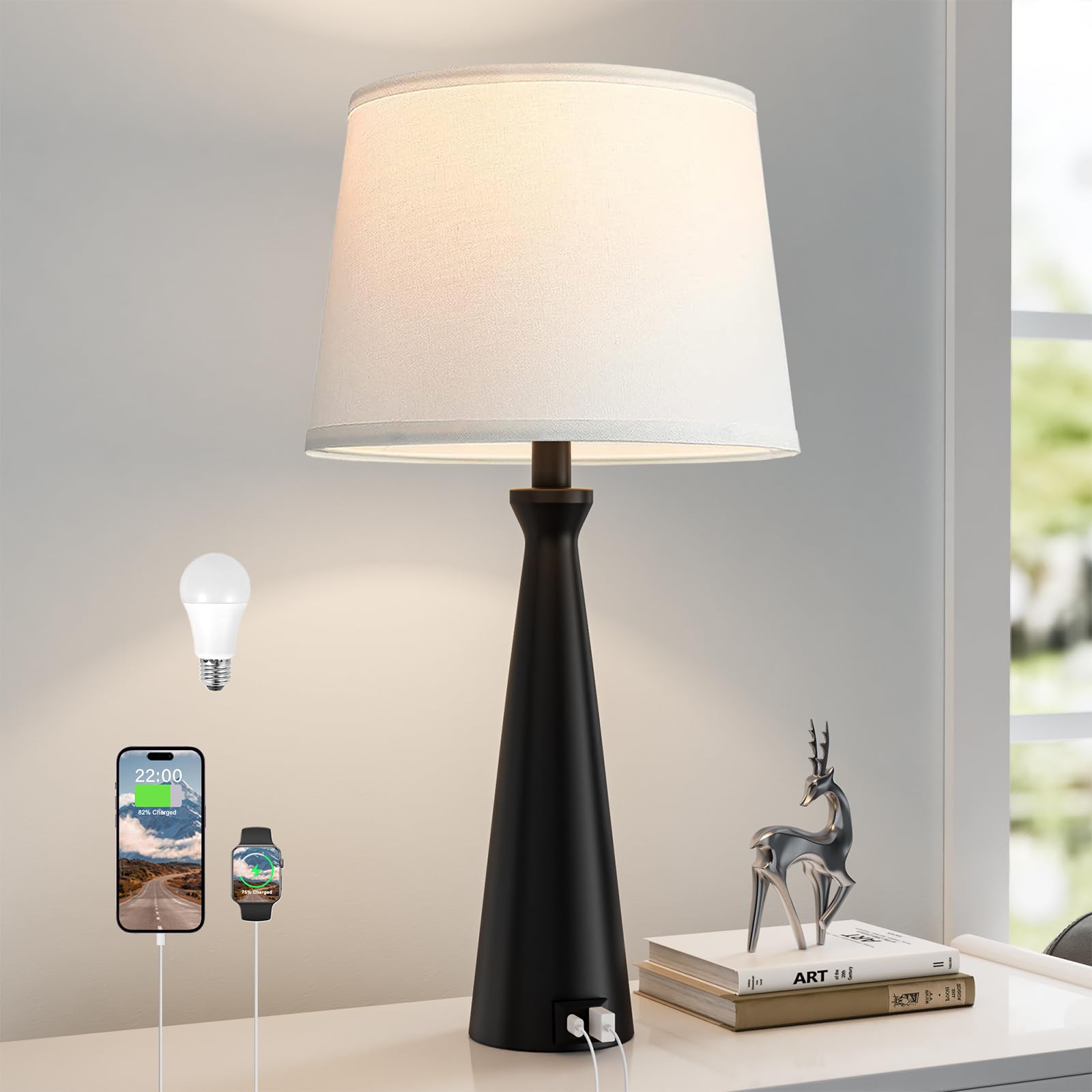 Seealle Single Modern Table Lamp - Touch Bedside Lamp for Nightstand with USB Dual C+A 3-Way Dimmable Black Nightstand Lamp for Living Room Bedroom End Table(Bulb Included)