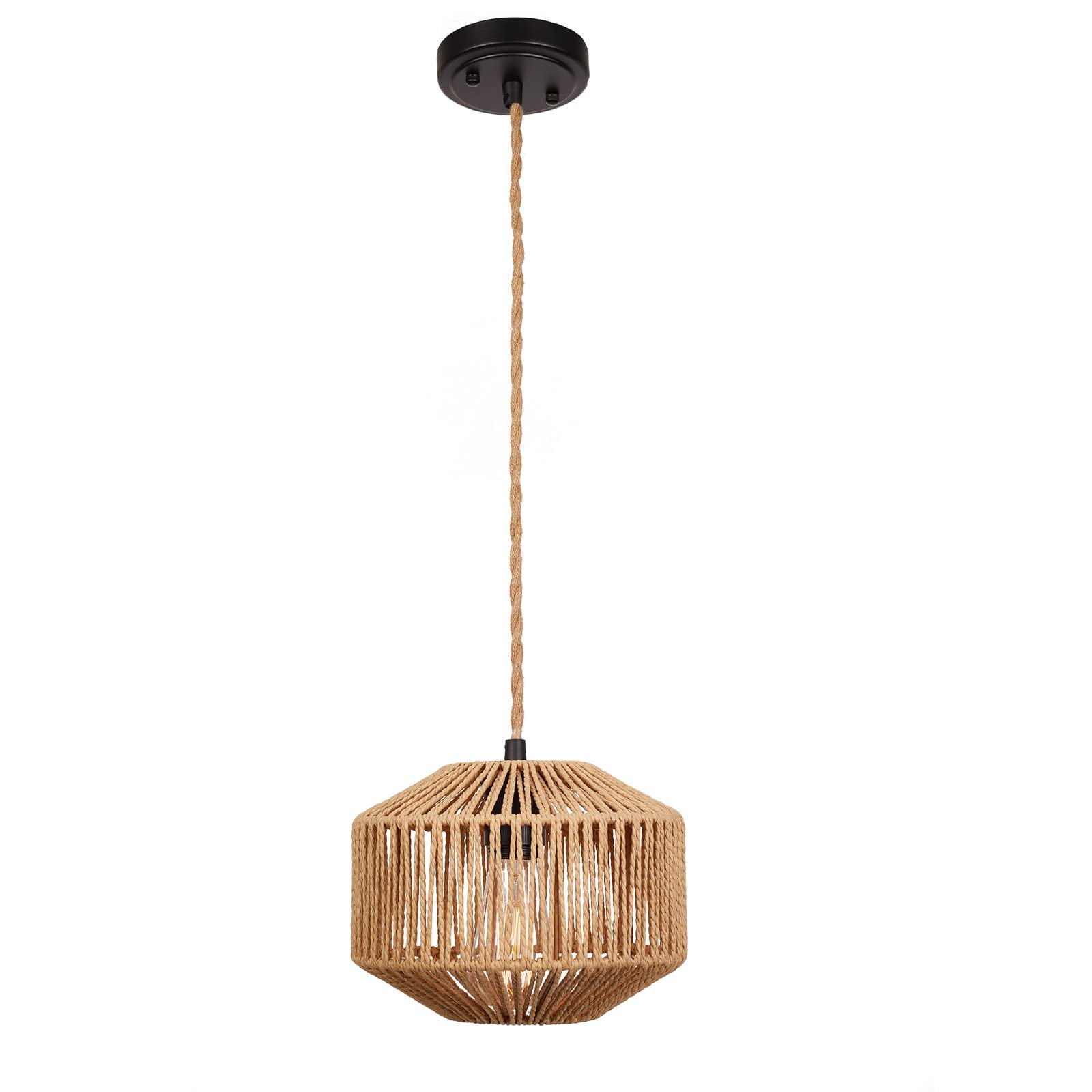 Rosient Rattan Woven Pendant Lamp - 9.2&quot; Natural Coastal Rope Light Fixture For Home Decor