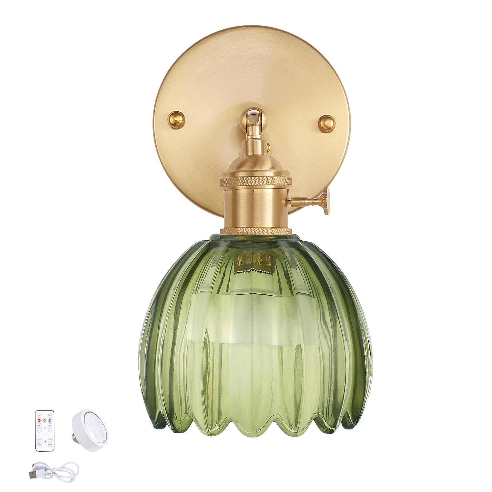 Shenmoyl Vintage Wall Sconce, Green Tulip Glass, Battery Operated, Wireless, Rechargeable, Remote Control, Model 1-9330