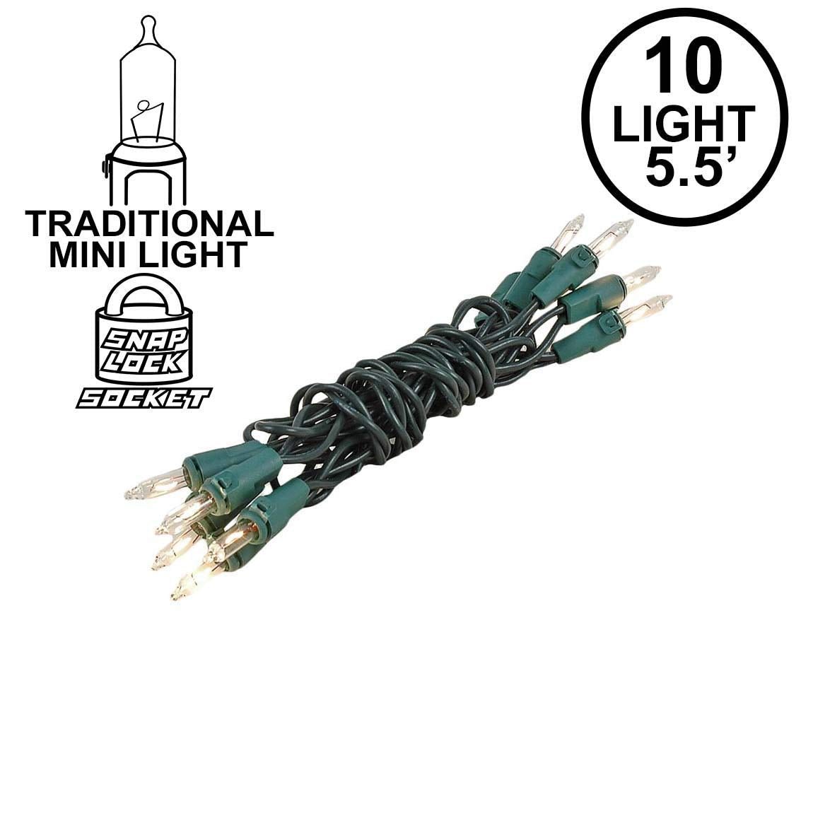 Novelty Lights 5 Feet Clear Mini Christmas Lights, Green Wire, UL Listed, Indoor/Outdoor, Model CG10-G-CL