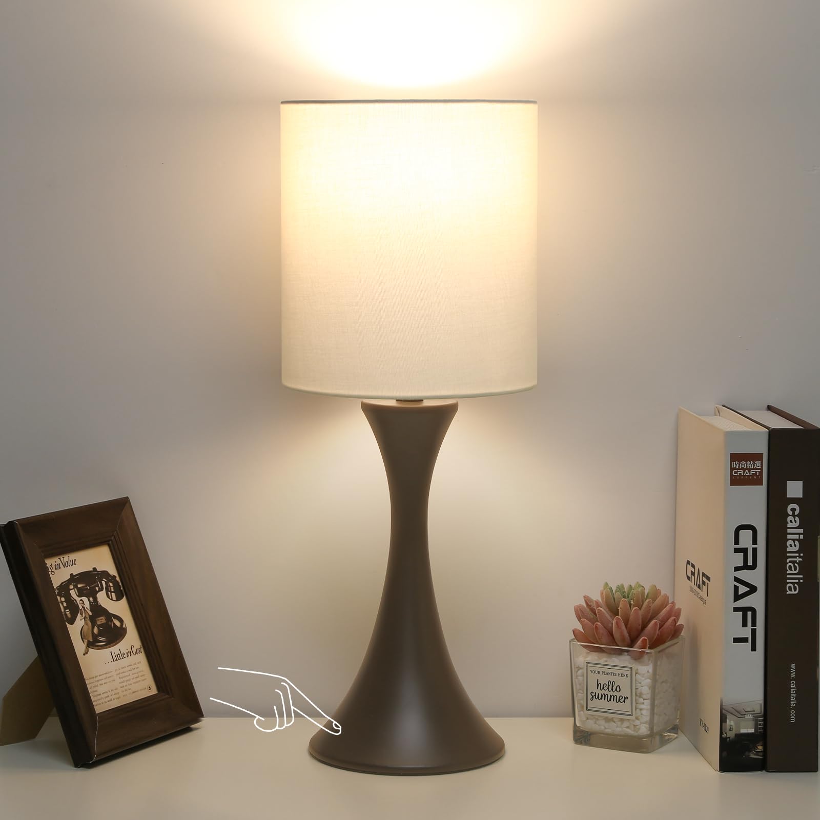 3 Way Touch Control Table Lamp, Modern Bedside Lamp Dimmable Nightstand Lamp with Beige Shade and Dark Brown Base, Small Desk La