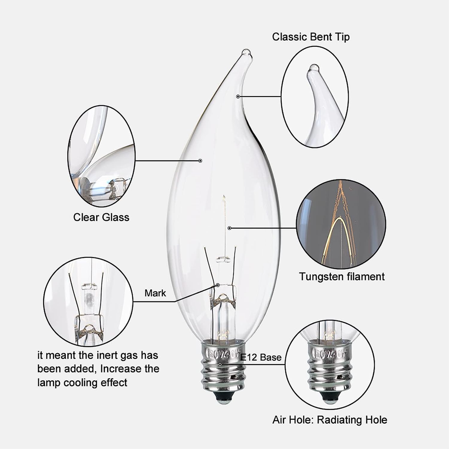Tiqian E12 60W B10 Clear Dimmable Light Bulbs, 2700K Glass Candle Bulbs, 6-Pack for Chandeliers and Ceiling Fans