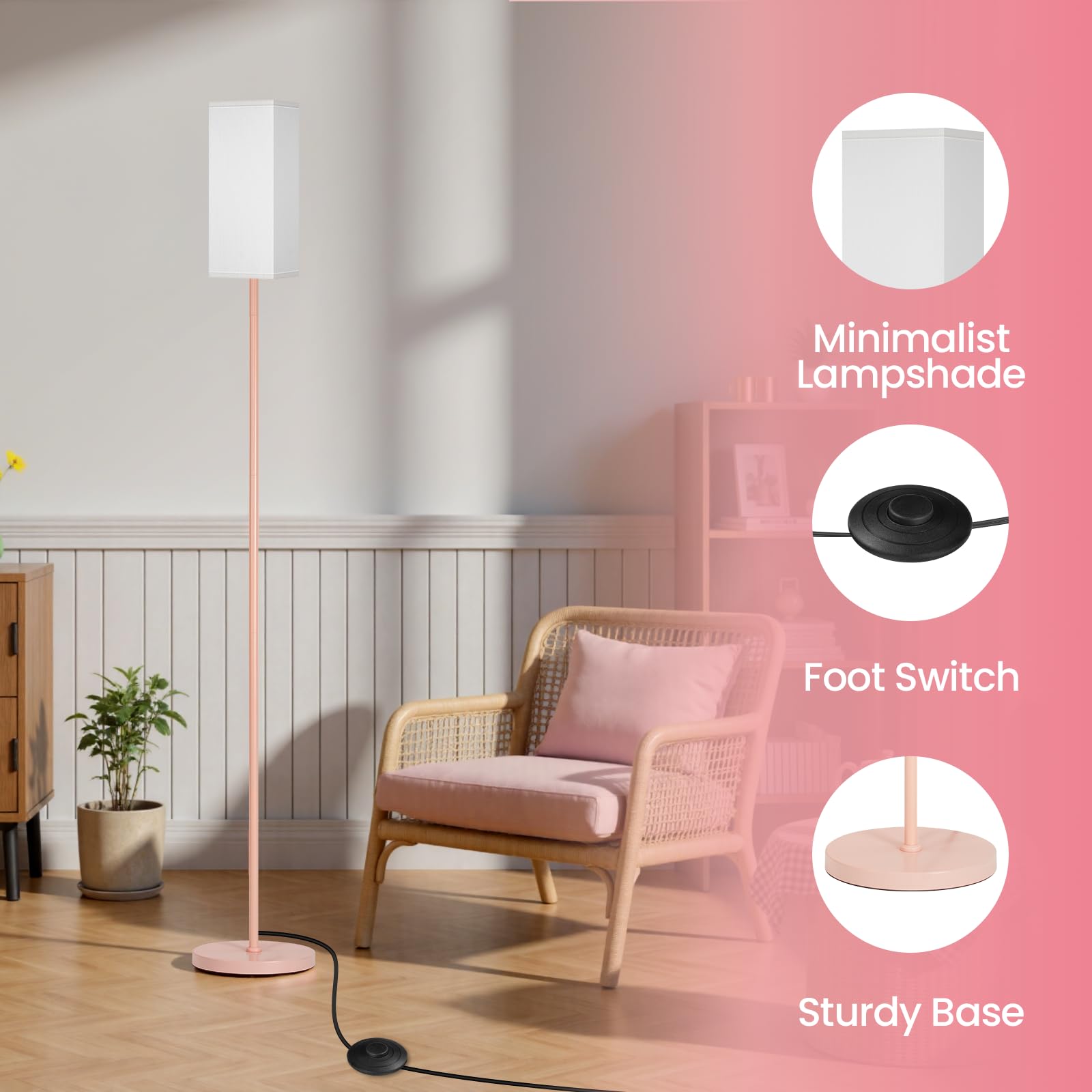 GOEBLESON Floor Lamp, Modern Minimalist Design, ETL Listed, Pink and White, PCW07LD05, Freestanding with Foot Switch